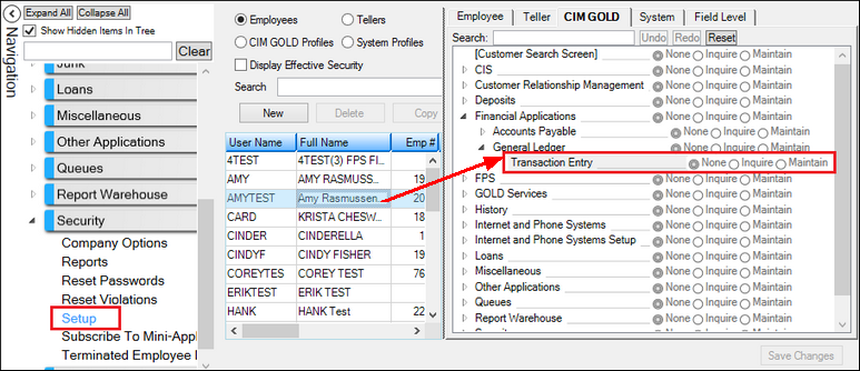 Security > Setup Screen, CIM GOLD Tab