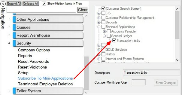 Security > Subscribe to Mini-Applications Screen in CIM GOLD