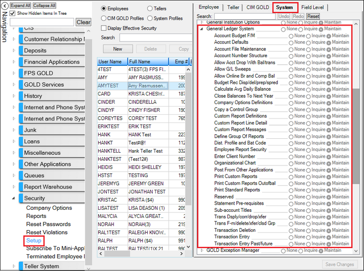 Security > Setup Screen, System Tab