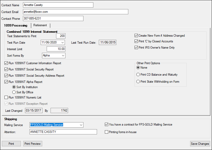 Deposits > Miscellaneous > Year-end Run Options Screen