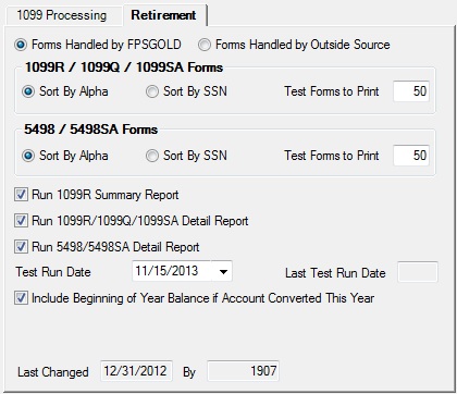 Deposits > Miscellaneous > Year-end Run Options Screen > Retirement Tab