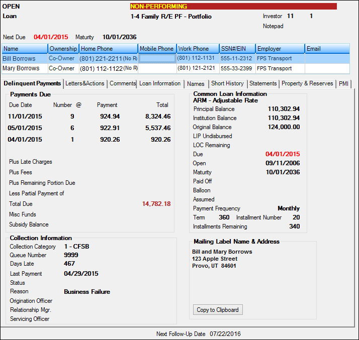 Loans > Collections > Account Delinquency Screen