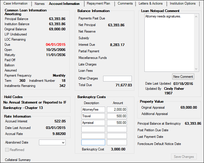 Loans > Collections > Bankruptcy Information Screen > Account Information Tab