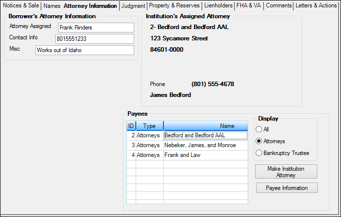 Loans > Collections > Foreclosure & Repossession & Judgment Screen > Attorney Information Tab