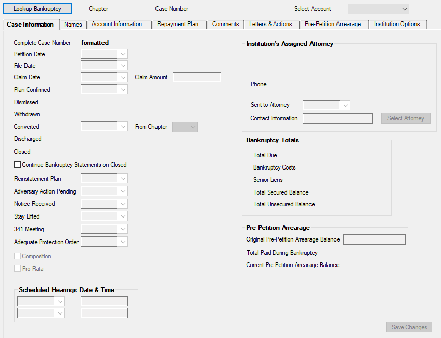 Loans > Collections > Bankruptcy Information Screen