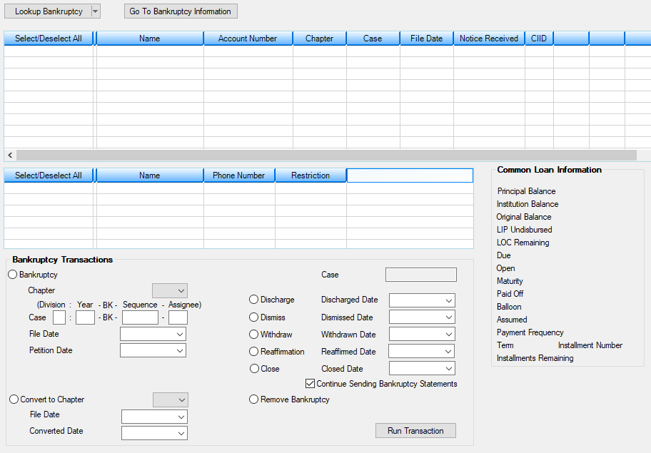 Loans > Collections > Bankruptcy Transaction Screen