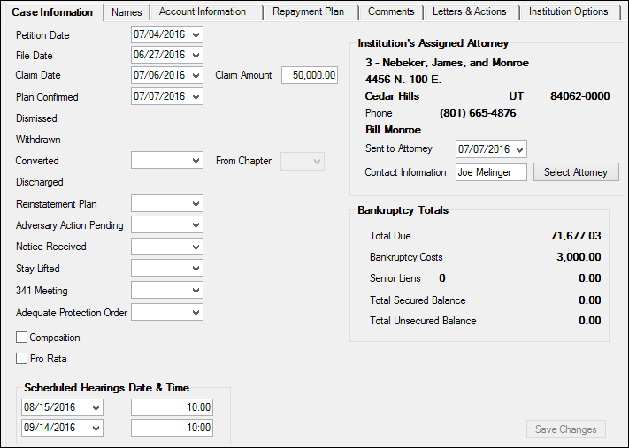 Loans > Collections > Bankruptcy Information Screen > Case Information Tab