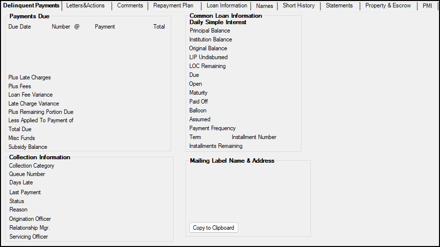 Loans > Collections > Account Delinquency Screen, Delinquent Payments Tab