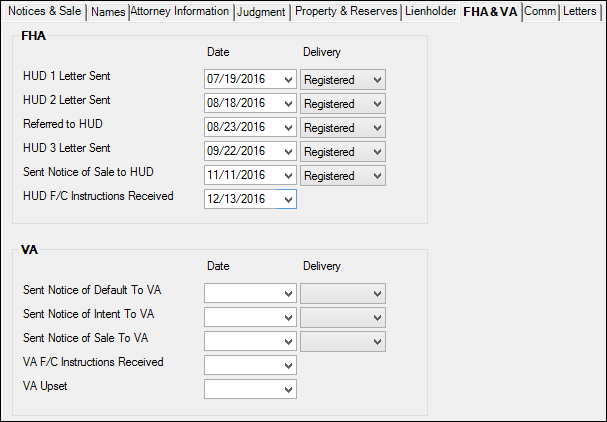 Loans > Collections > Foreclosure & Repossession & Judgment Screen > FHA & VA Tab