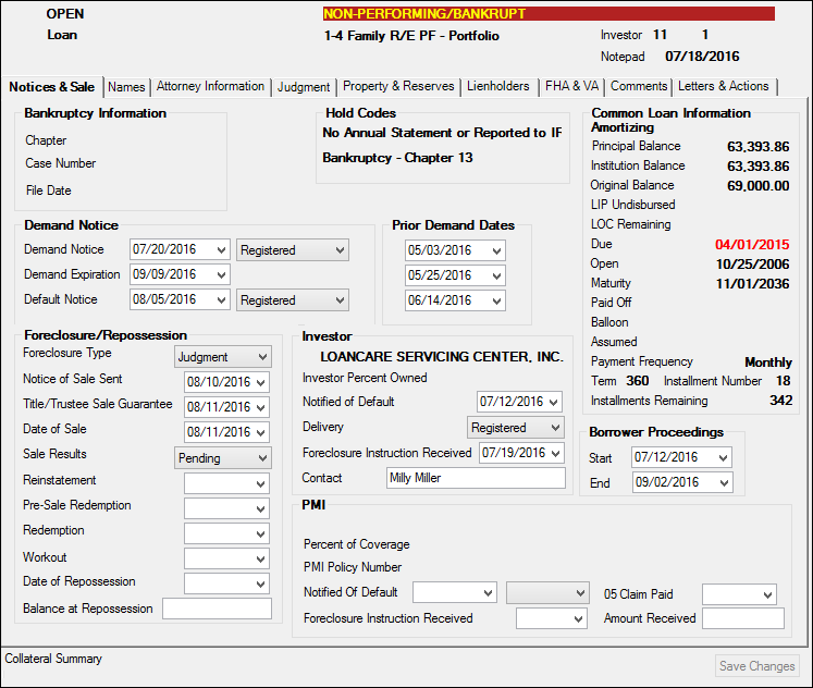 Loans > Collections > Foreclosure & Repossession & Judgment Screen