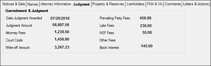 Loans > Collections > Foreclosure & Repossession & Judgment Screen > Judgment Tab