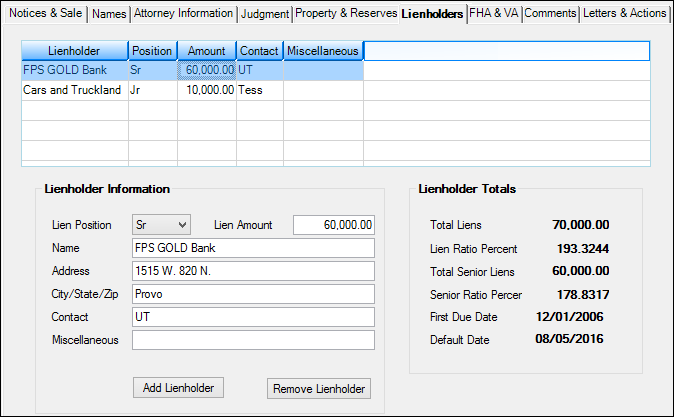 Loans > Collections > Foreclosure & Repossession & Judgment Screen > Lienholders Tab 