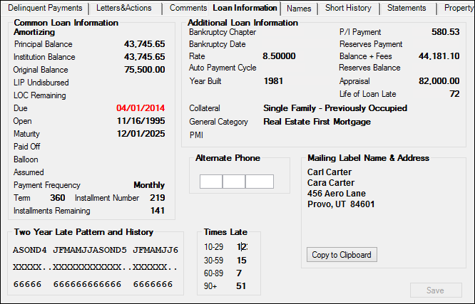 Loans > Collections > Account Delinquency Screen > Loan Information Tab