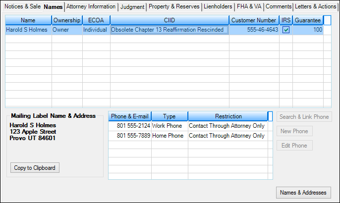 Loans > Collections > Foreclosure & Repossession & Judgment Screen > Names Tab