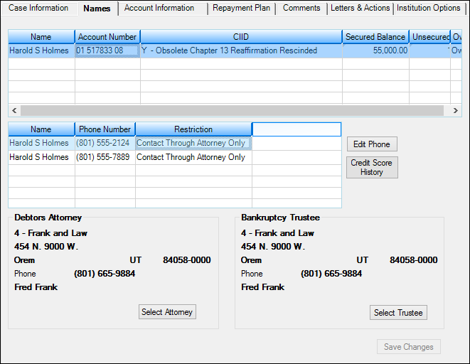 Loans > Collections > Bankruptcy Information Screen > Names Tab