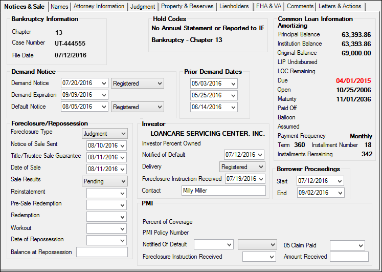 Loans > Collections > Foreclosure & Repossession & Judgment Screen > Notices & Sale Tab