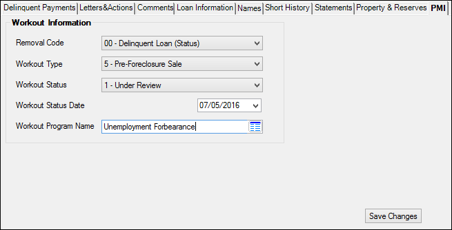 Loans > Collections > Account Delinquency Screen > PMI Tab