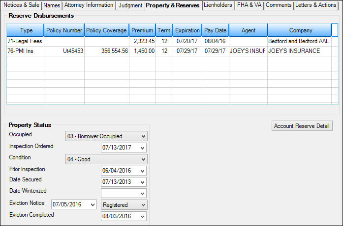 Loans > Collections > Foreclosure & Repossession & Judgment Screen > Property & Reserves Tab