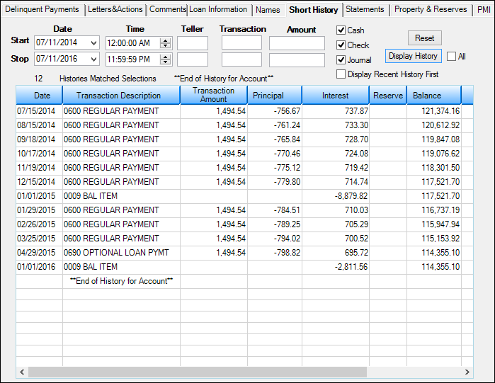 Loans > Collections > Account Delinquency Screen > Short History Tab