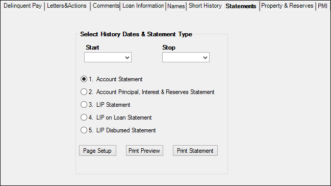 Loans > Collections > Account Delinquency Screen > Statements Tab