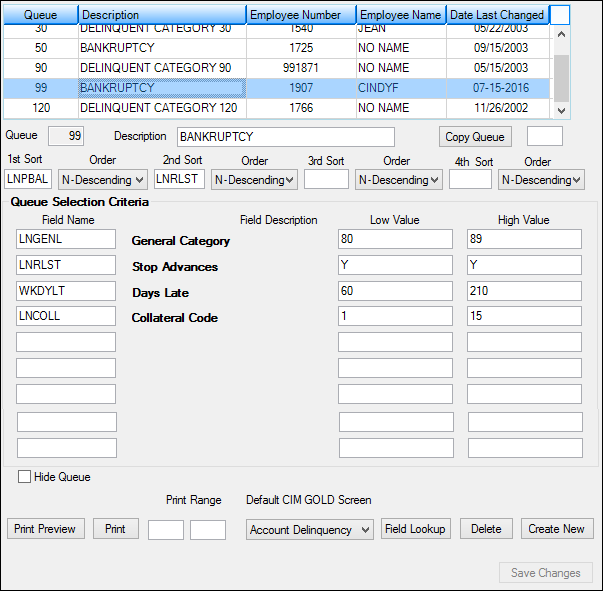 Loans > Collections > Queues > Variable Queue Setup Screen