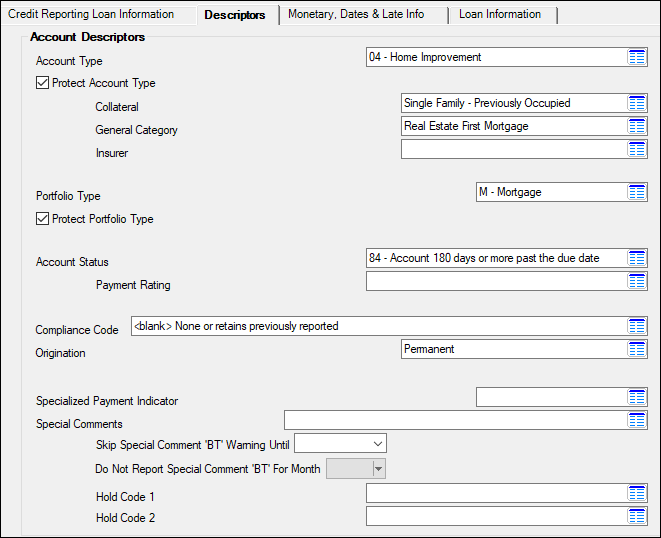 Loans > Account Information > Credit Reporting Screen, Descriptors Tab