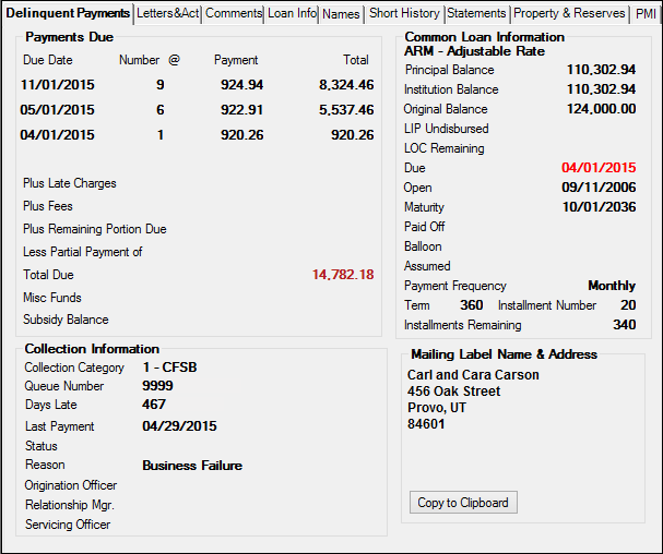 Loans > Collections > Account Delinquency Screen, Delinquent Payments Tab