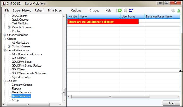 Reset Violations Screen without a Violation