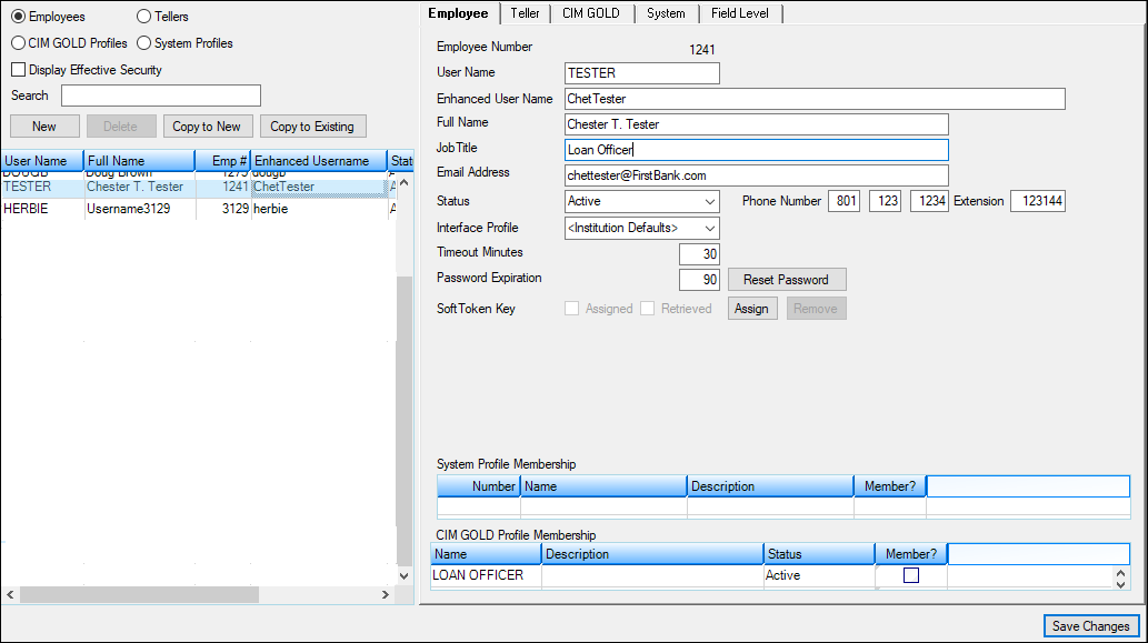 Security Setup Screen, Employee Tab