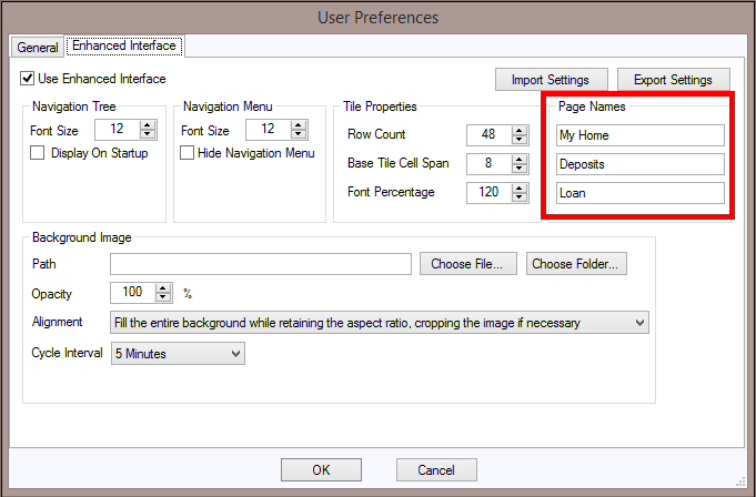 CIM GOLD Options menu, User Preferences