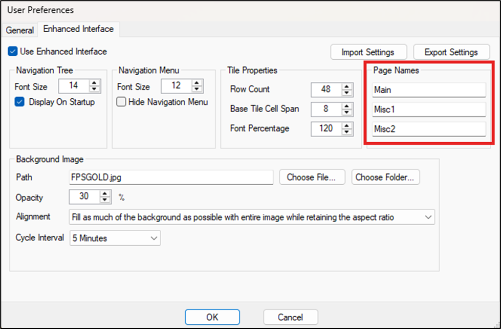 CIM GOLD Options menu, User Preferences