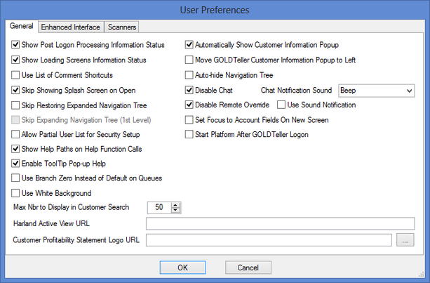 Options, User Preferences Screen, Options Tab