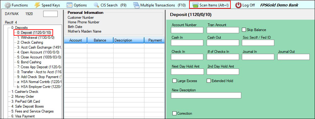 CIM GOLDTeller - Deposit Transaction (1120/0/0) Selected