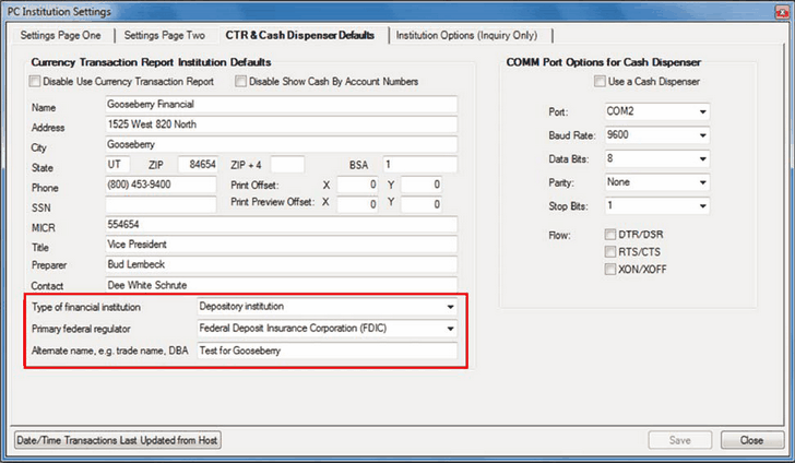 PC Institution Settings Dialog, CTR & Cash Dispenser Defaults Tab (Functions > Administrator Options > PC Institution Settings)