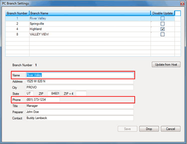 PC Branch Settings Dialog Box