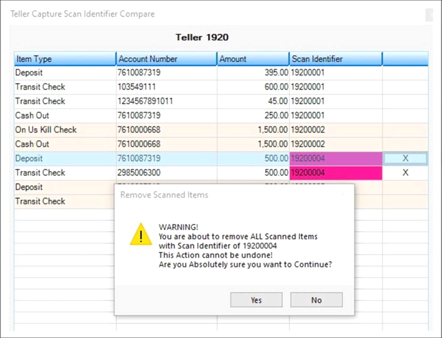 Teller Capture Scan Identifier Compare – Remove Scanned Items Warning