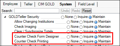 Security Setup Screen in CIM GOLD