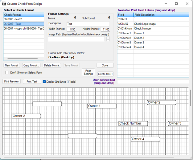 CIM GOLDTeller > Functions > Administrator Options > Counter Check Form Designer