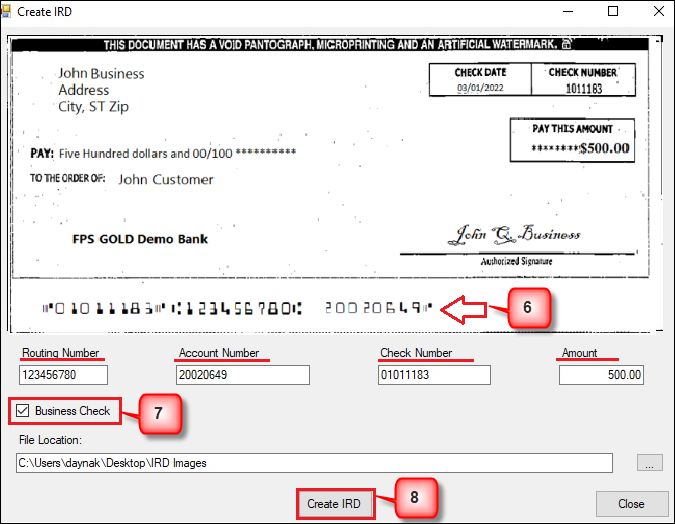 Create IRD Dialog with Business Check Type Selected