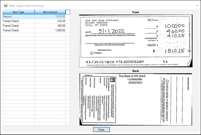 Teller Capture Item Summary Screen, as Shown from Teller Journal (Ctrl+J ) and History, Displaying a Deposit Slip