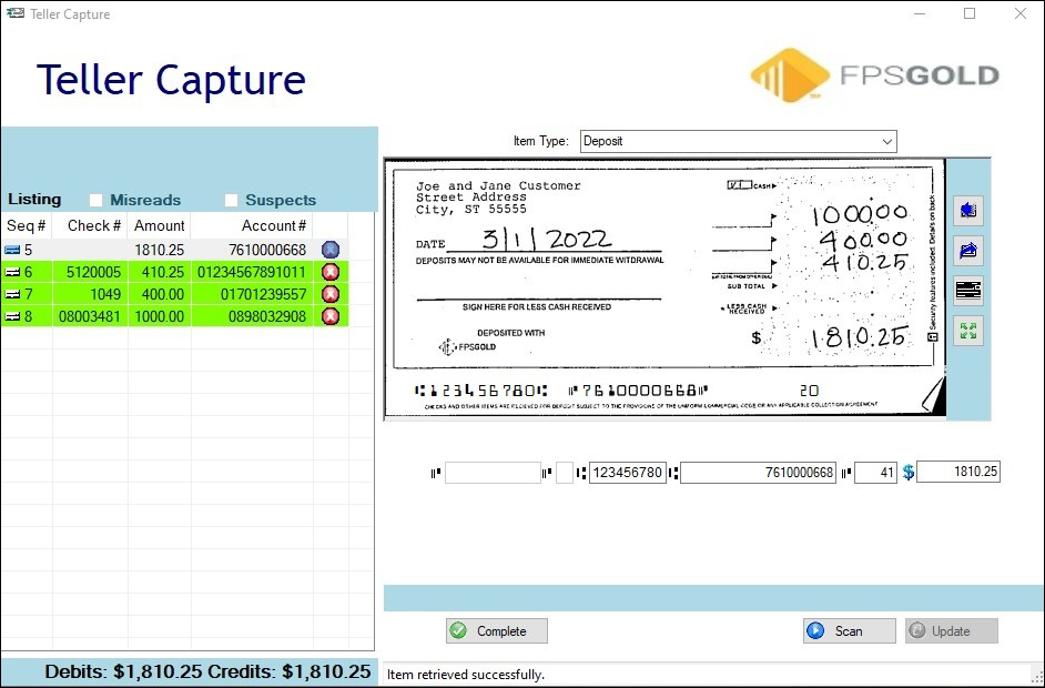 Teller Capture Screen, 4 Items Scanned with Misreads Fixed, Updated, and Ready to Compare