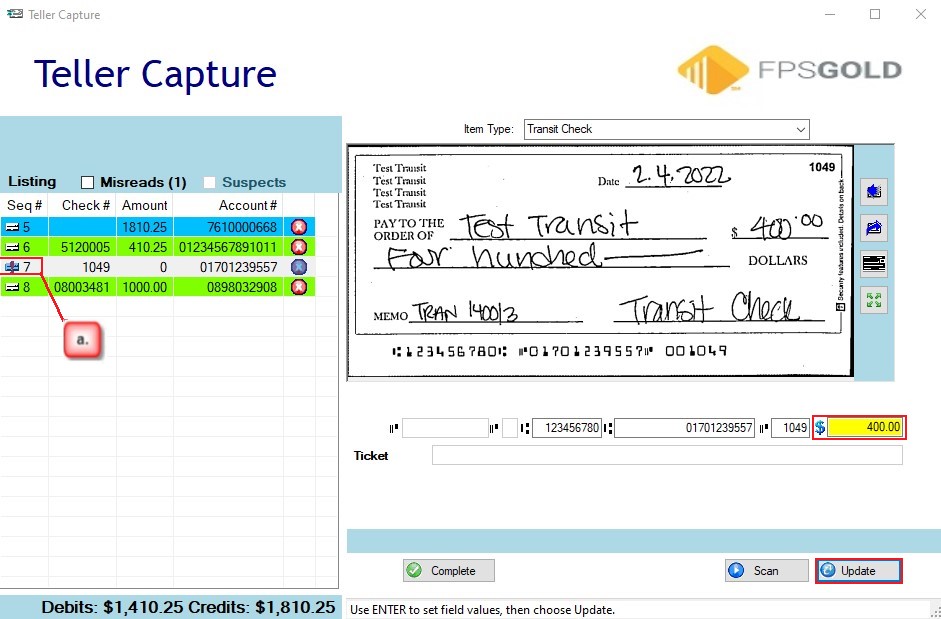 Teller Capture Screen, 4 Items Scanned, Showing Misreads (1)