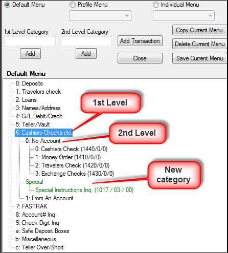 GOLDTeller Functions menu >  Administrator Options > Menu Design Screen