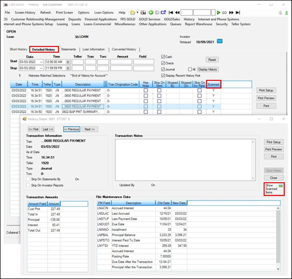 CIM GOLD > Loans > Account Information > History, Detailed History tab