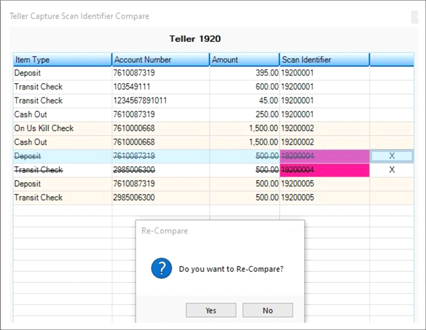 Teller Capture Scan Identifier Compare – Re-Compare Dialog