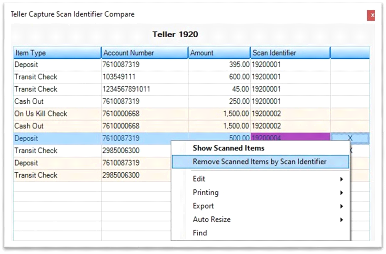 Teller Capture Scan Identifier Compare Right-Click Menu