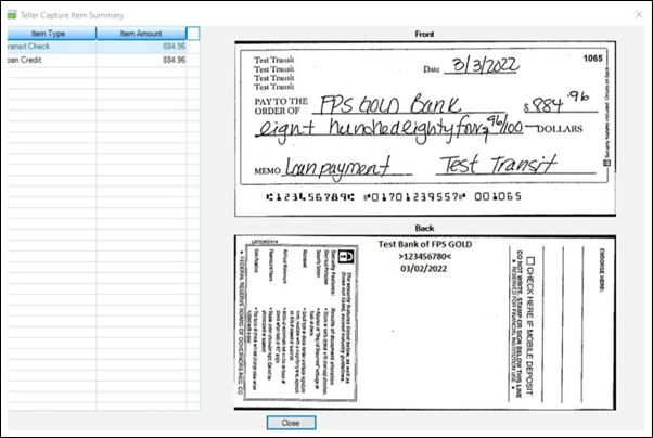 Teller Capture Item Summary Screen, Transit Check