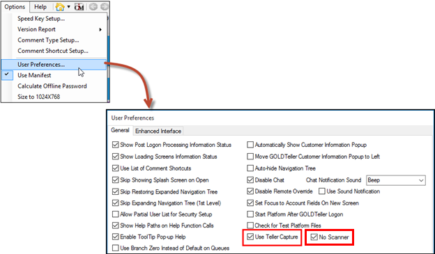 Options > User Preferences > Use Teller Capture Option