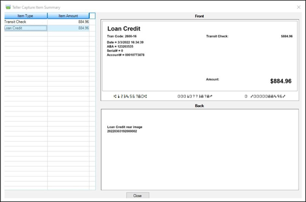 Teller Capture Item Summary Screen, Virtual Loan Slip