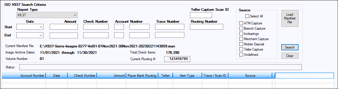 X937 ISO Check Image Research Screen with ISO Manifest File Loaded